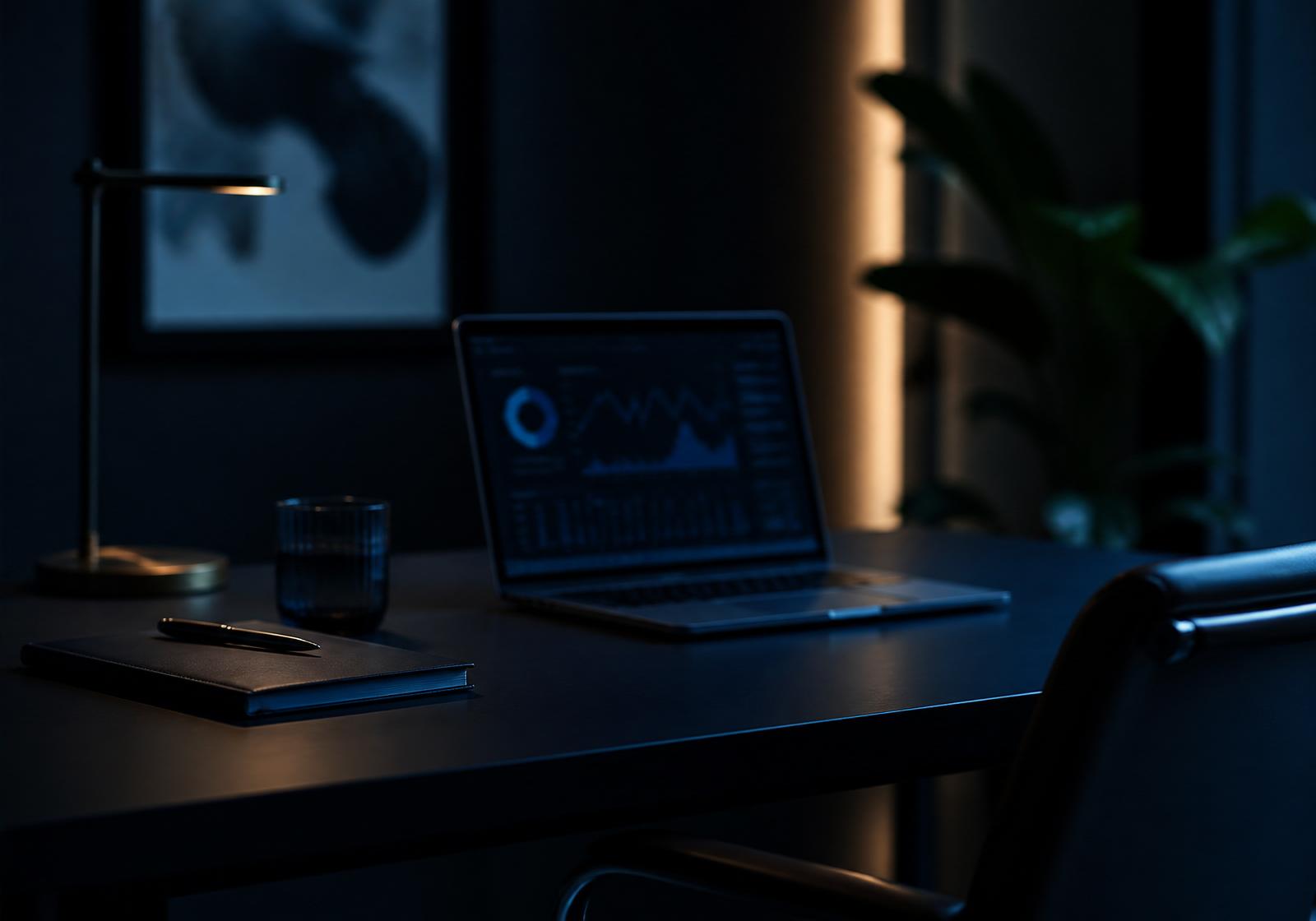 A quiet workspace with a laptop showing a data dashboard