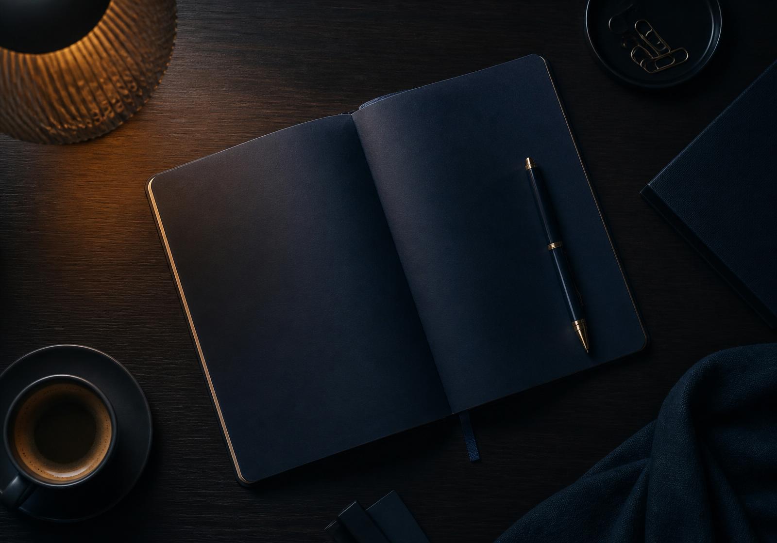 An open notebook and pen on a dark desk